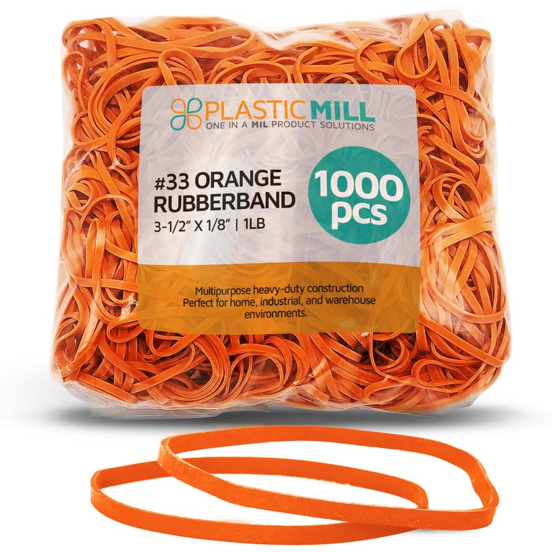 PlasticMill Orange Rubber Bands Size 33 (3 1/2" x 1/8") - #33 Colored Rubber Bands Office Supplies - Strong, Elastic Bands for Crafts, Balloon Garland, Cash, File Folders (1,000-Pack) - Image 1